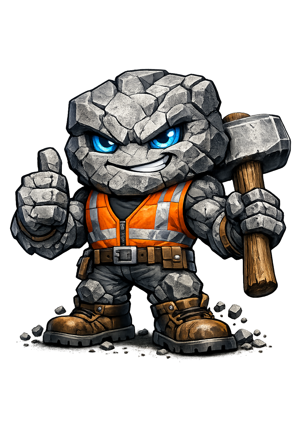 EB Impact Construction mascot: a construction foreman in a hard hat holding a hammer