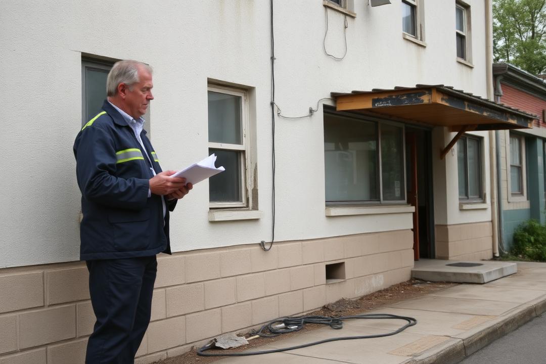 Inspector reviewing documents while examining the exterior wall of an older property