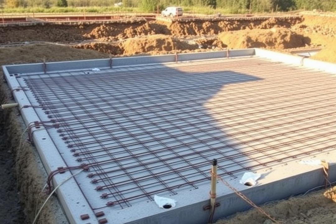 Prepared building pad with formwork and a rebar mat ready for a concrete pour