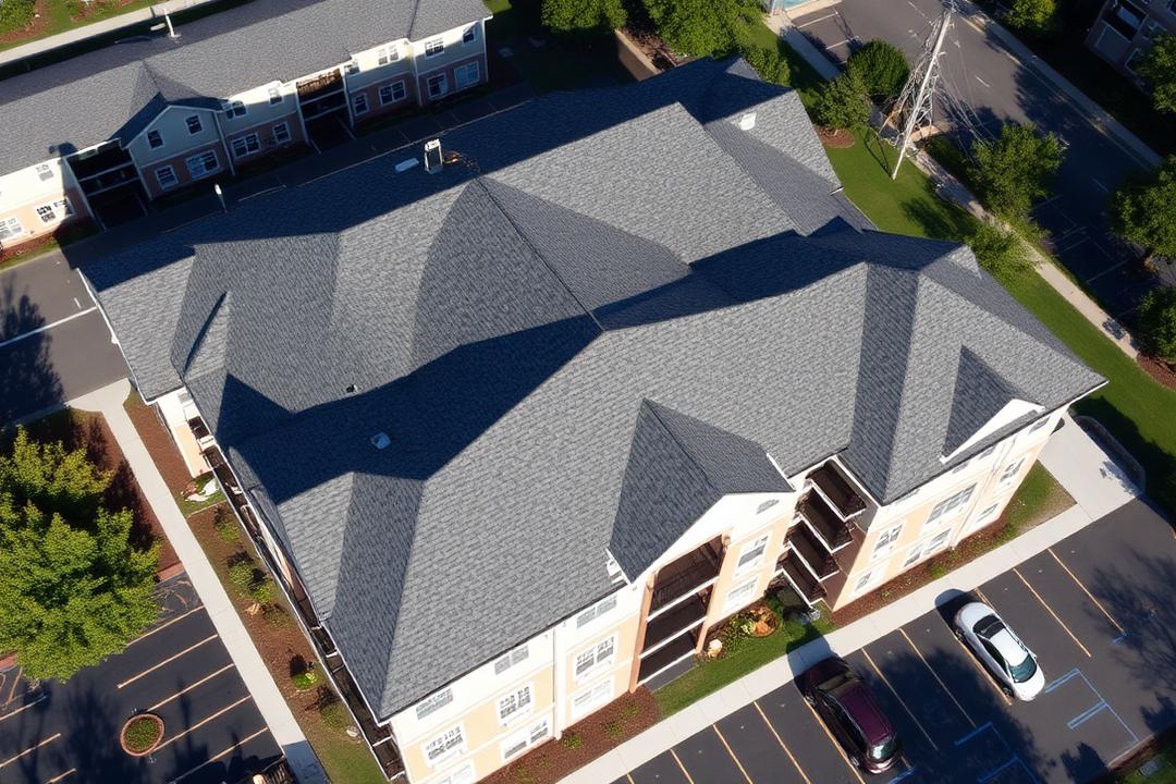 Sample project photograph: aerial view of a multifamily building with new roofing