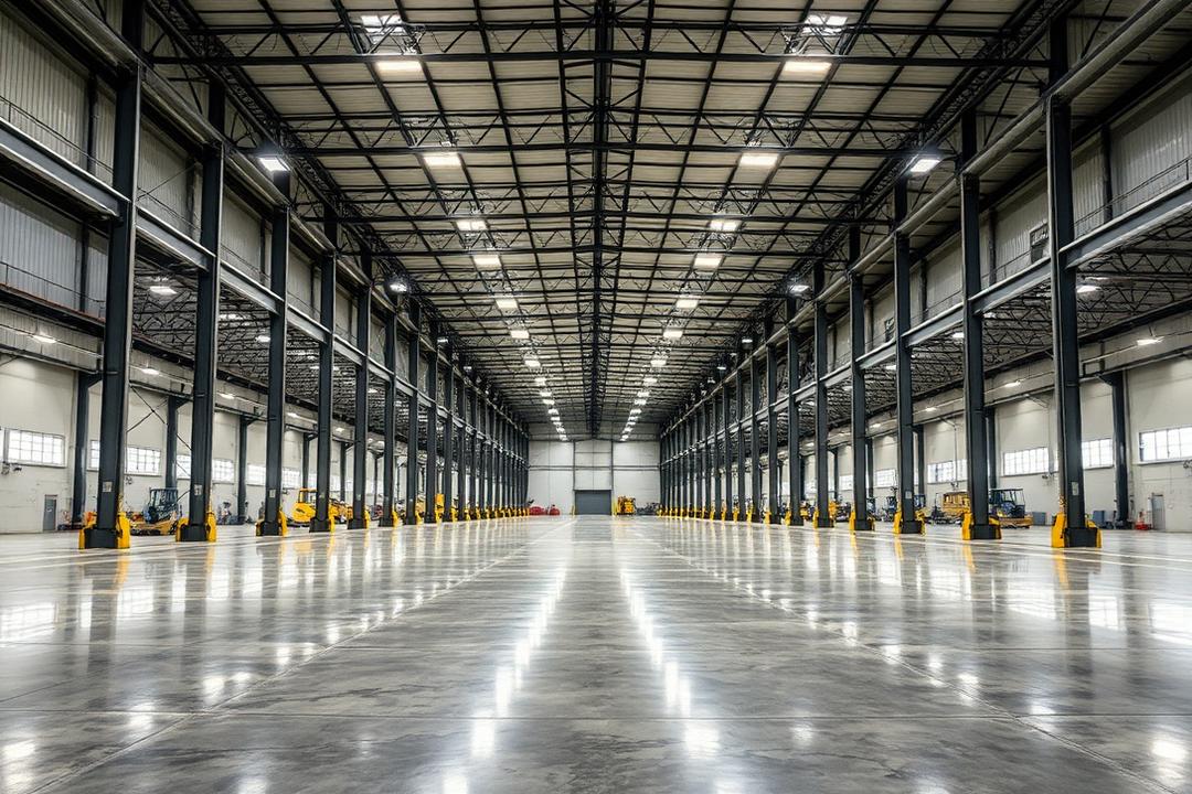 Sample project photograph: finished warehouse interior slab with steel columns