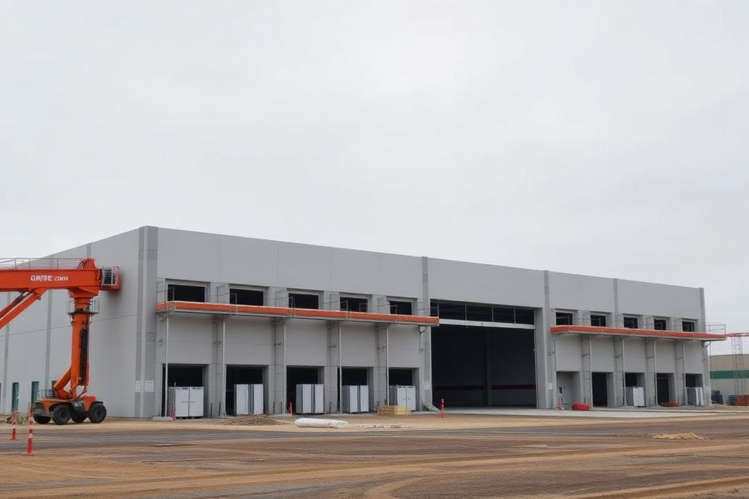 Large commercial warehouse under construction with tilt-wall panels