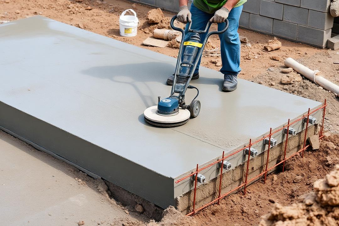 Crew finishing a freshly poured concrete slab with a power trowel