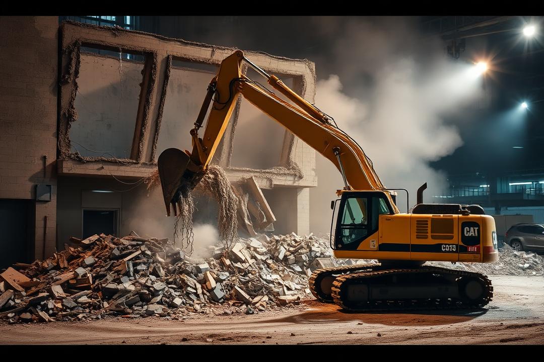 Excavator performing controlled demolition of a commercial structure