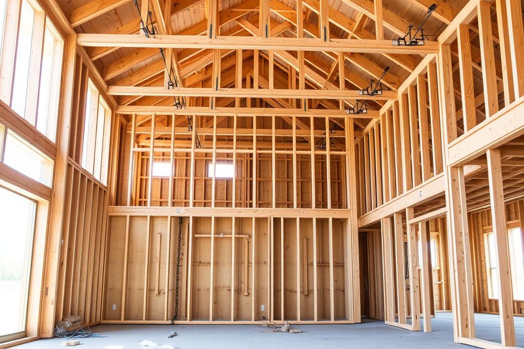 Interior of a new building at the framing and rough-in stage