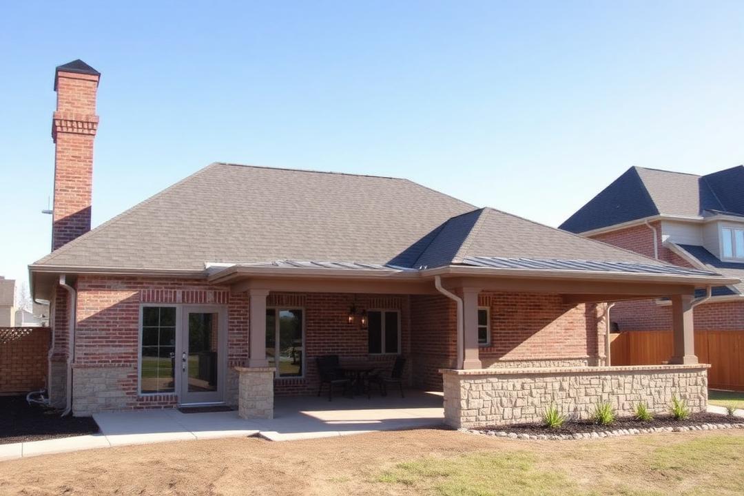 Completed residential home addition with a covered patio and brick exterior