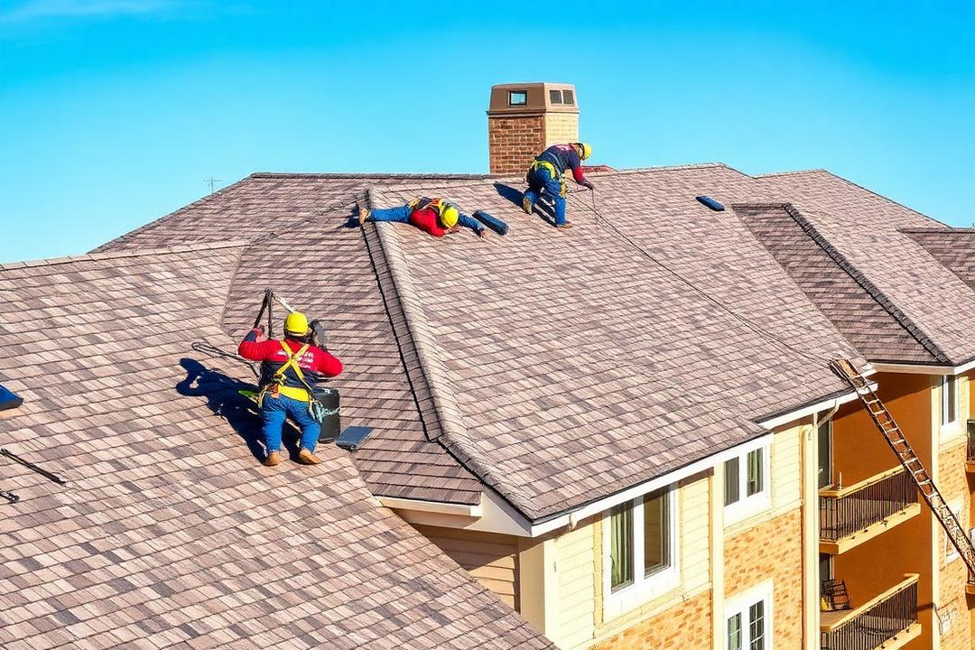 Roofing crew installing shingles on a multifamily apartment building